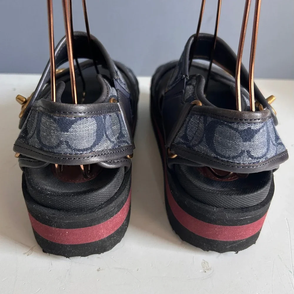 Y2K Coach Signature Logo Platform Trail Sandals Size 6 Turnlock Jacquard Blue